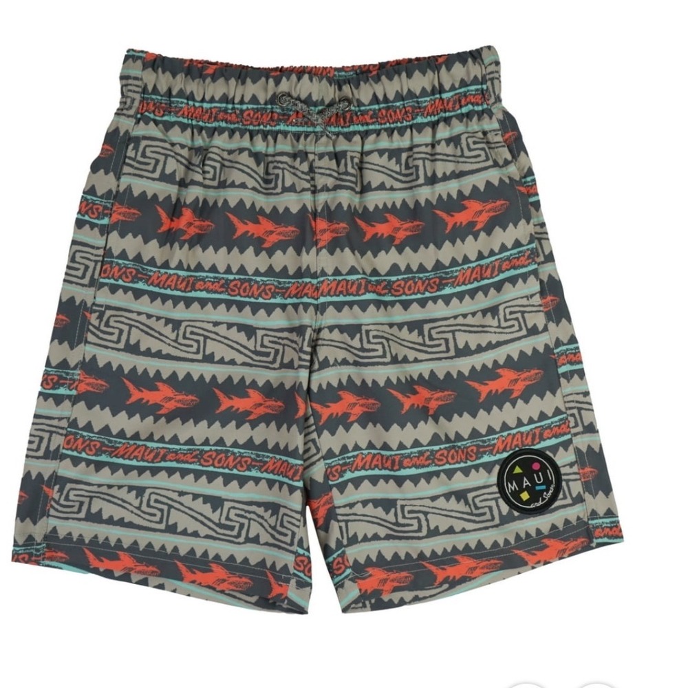 Maui and Sons Boys Shark Print Pool Shorts Deep Coral Size L 10/12 NWT BPS15785